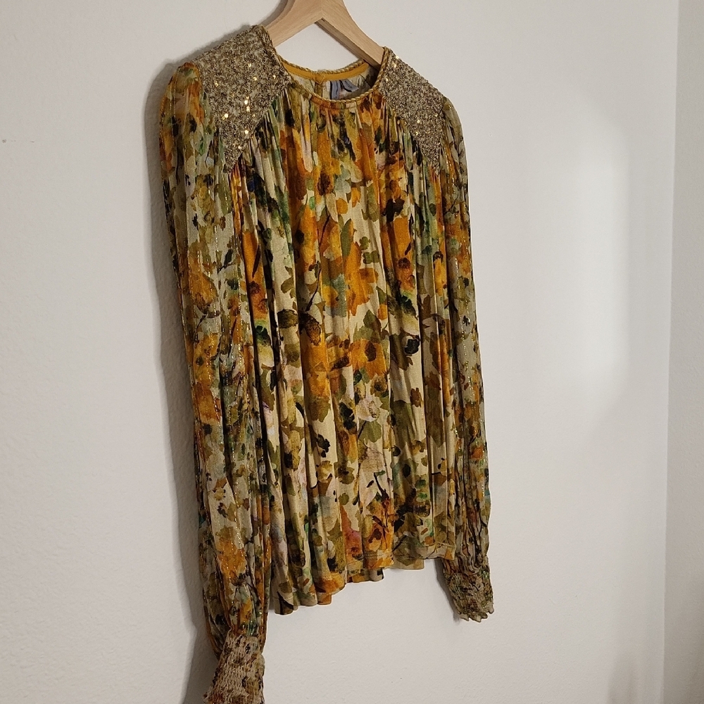 Anthropologie Floral Sequin Blouse in Gold and Cream - Picture 6 of 12